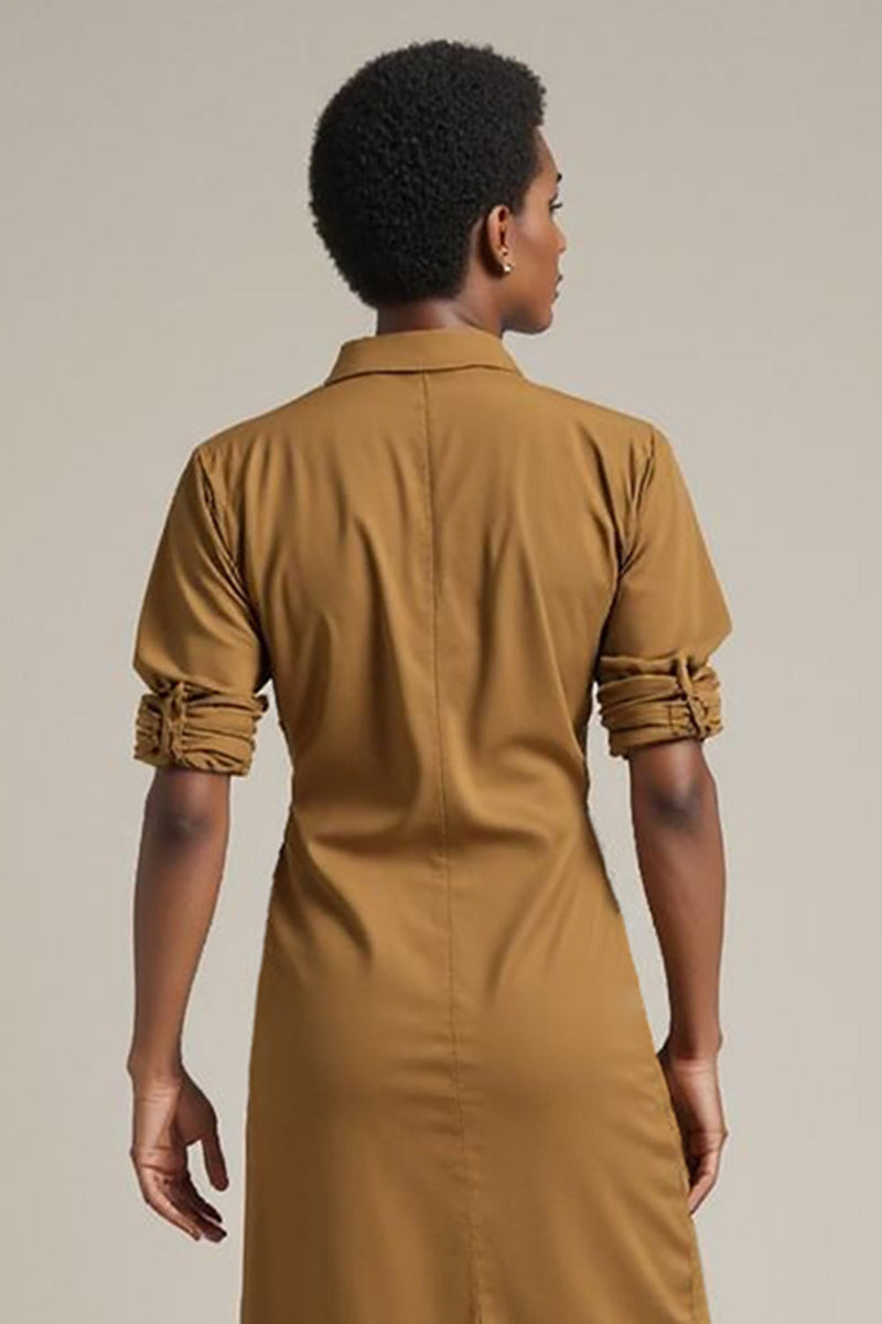 Load image into Gallery viewer, Yellow Collar Neck Pencil Sleeves Midi Work Dress