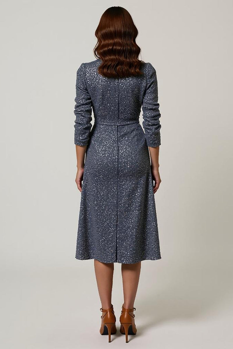 Load image into Gallery viewer, Sparkly Grey Blue V-Neck Sequins Midi Holiday Party Dress with Sleeves