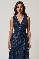Load image into Gallery viewer, Sparkly Navy A-Line V-Neck Ruched Midi Holiday Party Dress