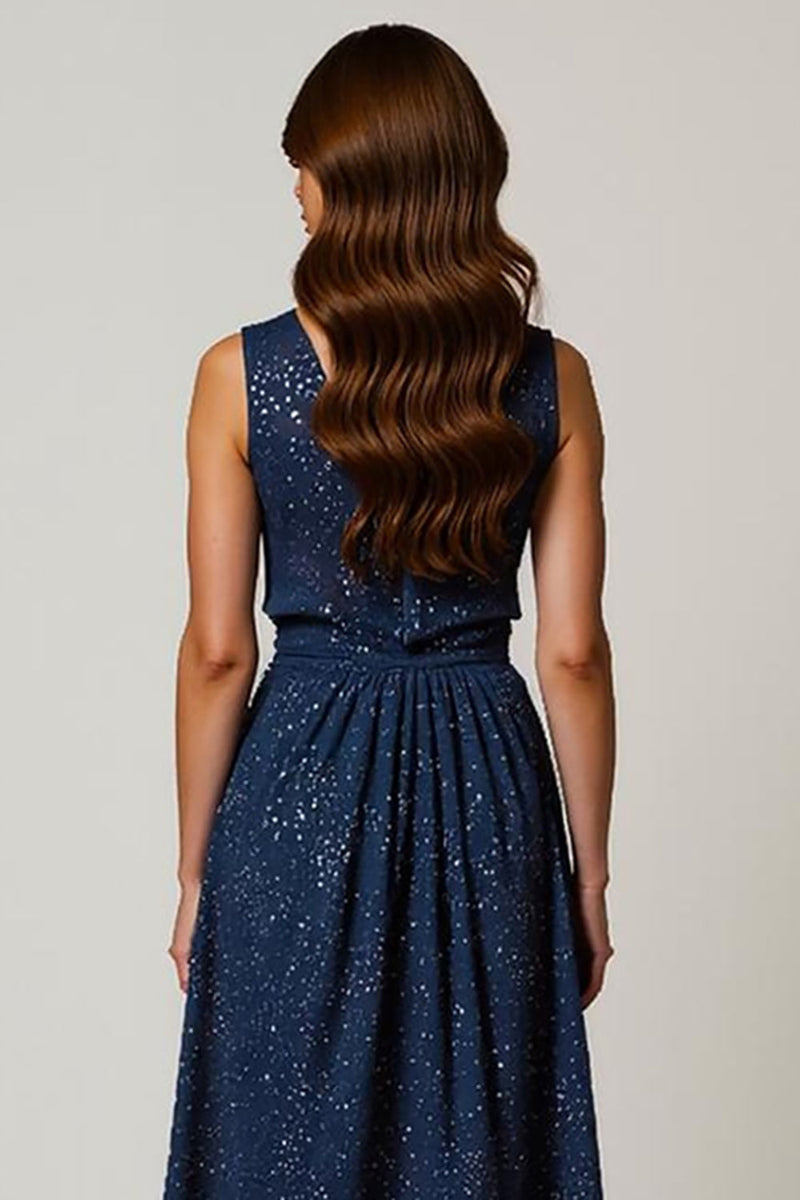 Load image into Gallery viewer, Sparkly Navy A-Line V-Neck Ruched Midi Holiday Party Dress