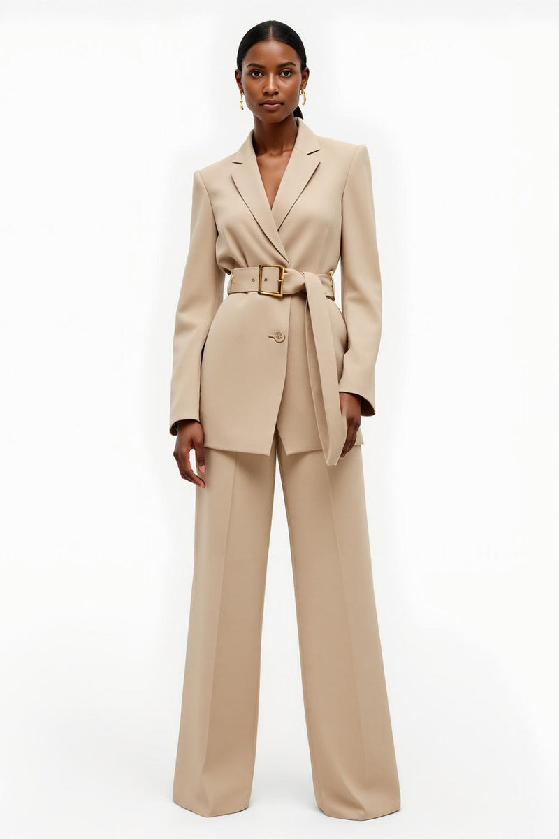 Load image into Gallery viewer, Apricot Notched Lapel 2 Piece Satin Wide Leg Business Suits with Belt