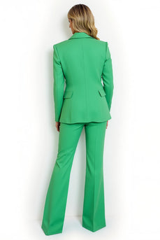 Green Flare Leg Peak Lapel Satin 2 Piece Prom Suits with Sleeves