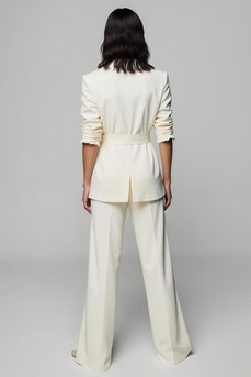 Ivory Peak Lapel 2 Piece Wide Leg Business Suits with Belt