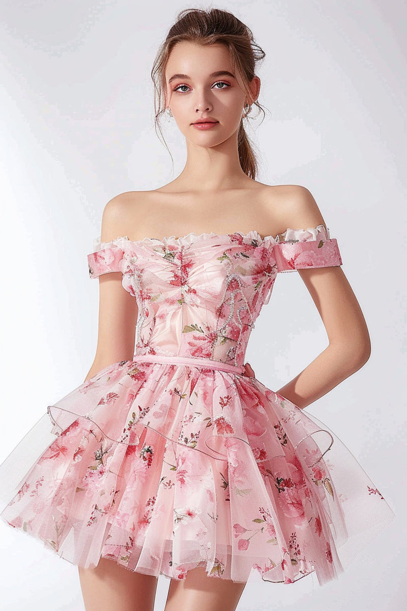 Load image into Gallery viewer, Pink Floral Off the Shoulder Tiered Short Homecoming Dress with Ruffles