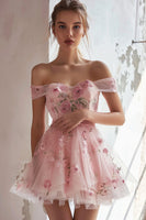 Load image into Gallery viewer, Pink Floral Off the Shoulder Short Homecoming Dress with Ruffles