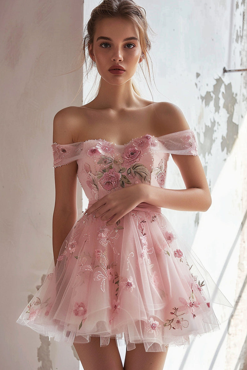 Load image into Gallery viewer, Pink Floral Off the Shoulder Short Homecoming Dress with Ruffles
