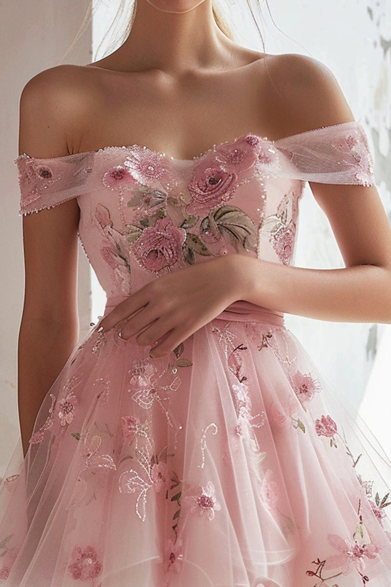 Load image into Gallery viewer, Pink Floral Off the Shoulder Short Homecoming Dress with Ruffles