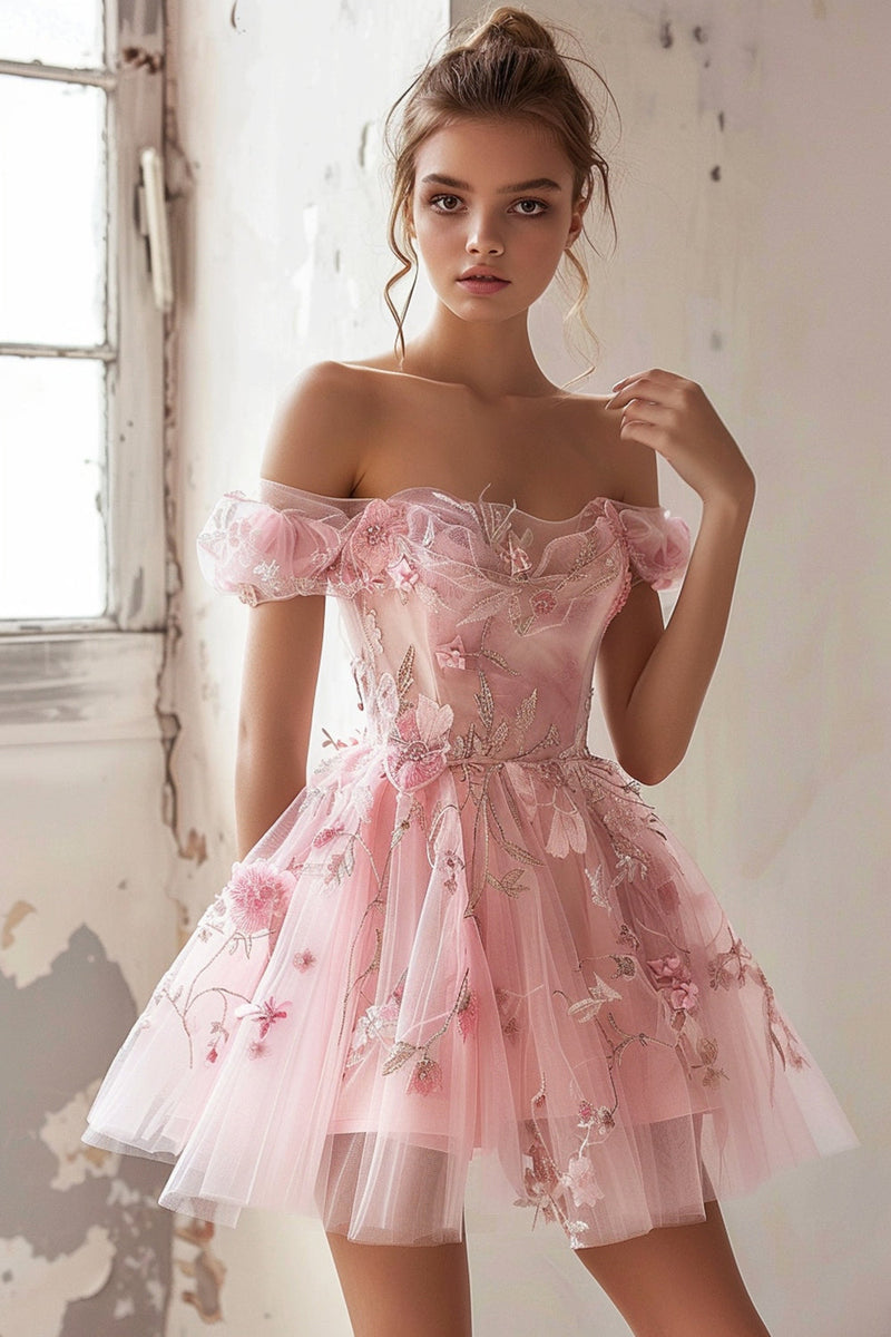 Load image into Gallery viewer, Pink Floral Off the Shoulder Ruffled Tulle Short Homecoming Dress