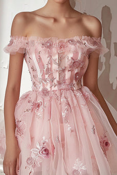 Pink Floral Corset Tulle Short Homecoming Dress with Ruffles