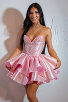 Load image into Gallery viewer, Sparkly Pink Satin Strapless Ruffled Short Homecoming Dress with Beading