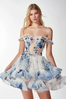 Load image into Gallery viewer, Sparkly White and Blue Floral Corset Short Homecoming Dress with Ruffles