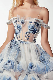 Sparkly White and Blue Floral Corset Short Homecoming Dress with Ruffles