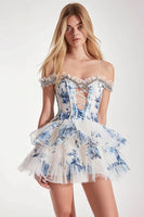 Load image into Gallery viewer, Sparkly White and Blue Floral Corset Ruffled Short Homecoming Dress
