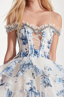 Load image into Gallery viewer, Sparkly White and Blue Floral Corset Ruffled Short Homecoming Dress