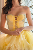 Load image into Gallery viewer, Sparkly Yellow Lace Up Front Strapless Short Homecoming Dress with Ruffles