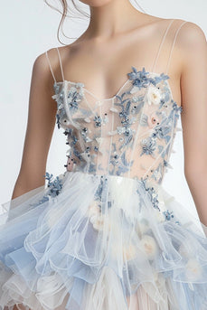 Sparkly White and Blue Floral Short Ruffled Homecoming Dress with Beading