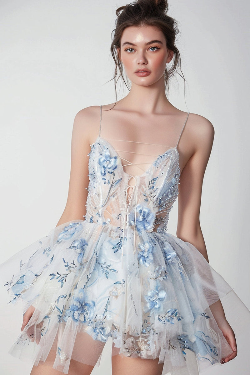 Load image into Gallery viewer, Sparkly White and Blue Floral Ruffled Lace Up Front Short Homecoming Dress