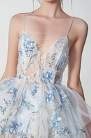 Load image into Gallery viewer, Sparkly White and Blue Floral Ruffled Lace Up Front Short Homecoming Dress