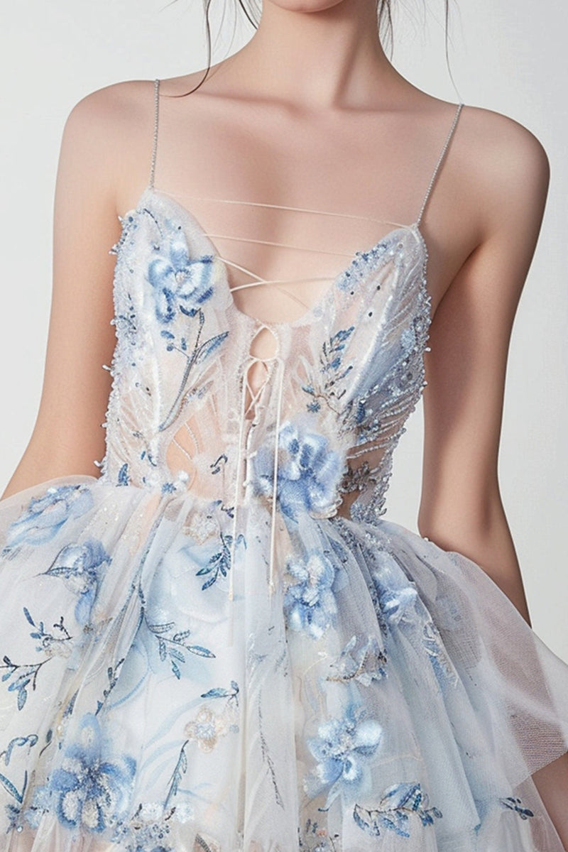 Load image into Gallery viewer, Sparkly White and Blue Floral Ruffled Lace Up Front Short Homecoming Dress