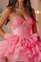 Load image into Gallery viewer, Sparkly Hot Pink Corset Short Sweetheart Homecoming Dress with Ruffles
