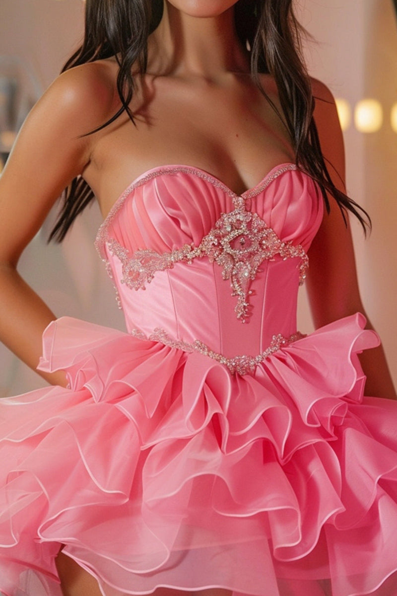Load image into Gallery viewer, Sparkly Hot Pink Corset Short Sweetheart Homecoming Dress with Ruffles