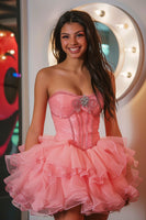 Load image into Gallery viewer, Sparkly Hot Pink Ruffled Short Corset Homecoming Dress with Beading