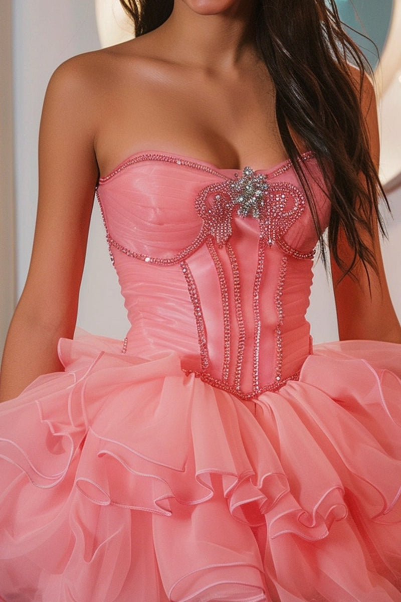 Load image into Gallery viewer, Sparkly Hot Pink Ruffled Short Corset Homecoming Dress with Beading