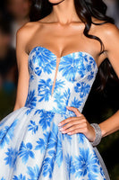 Load image into Gallery viewer, White and Blue Floral A Line Sweetheart Short Satin Homecoming Dress