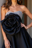 Load image into Gallery viewer, Sparkly Black Sweetheart Short Satin Homecoming Dress with 3D Flower