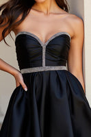 Load image into Gallery viewer, Sparkly Black Short A Line Satin Homecoming Dress with Beading