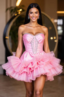 Load image into Gallery viewer, Hot Pink A Line Strapless Tiered Short Homecoming Dress