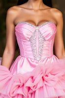 Load image into Gallery viewer, Hot Pink A Line Strapless Tiered Short Homecoming Dress