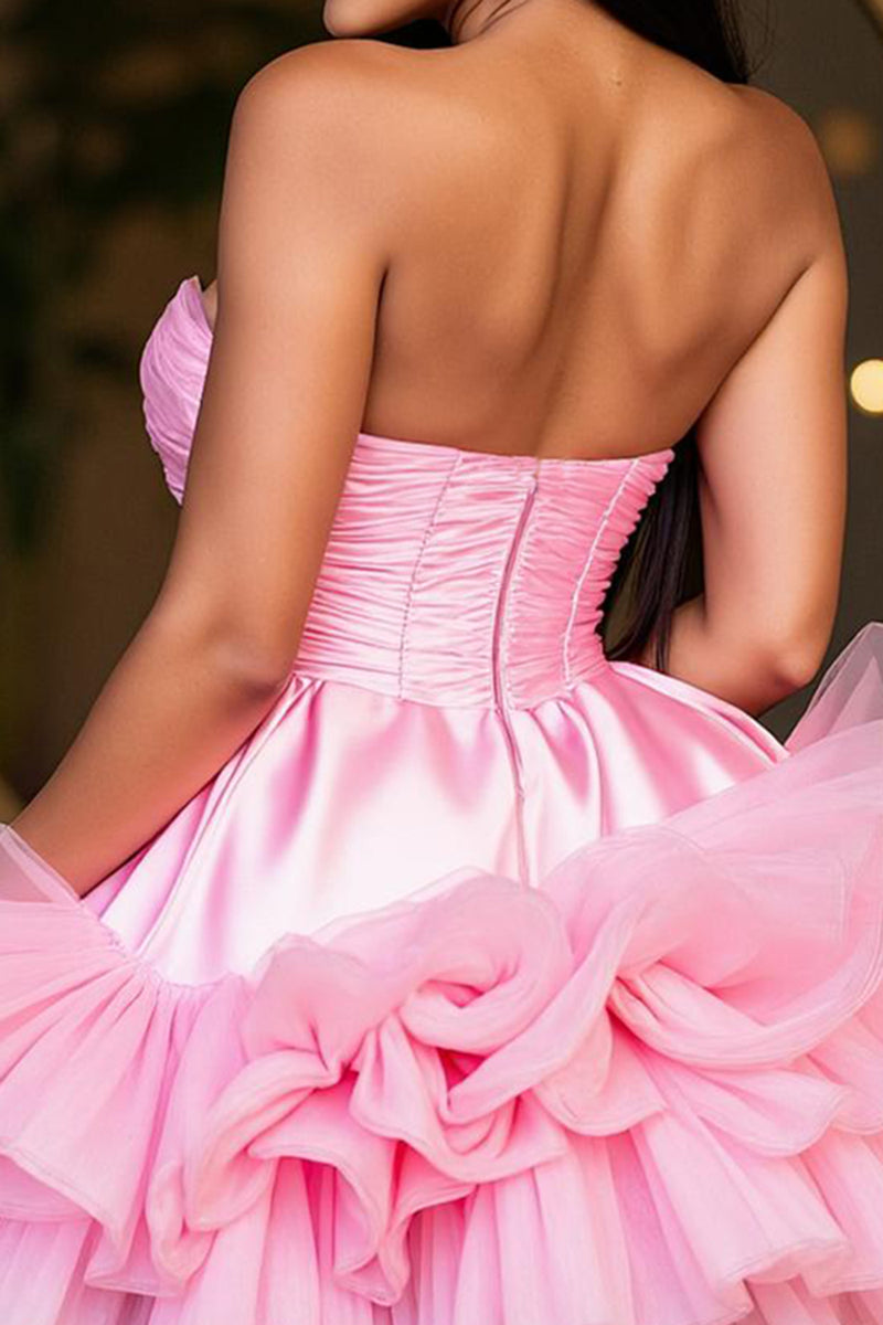 Load image into Gallery viewer, Hot Pink A Line Strapless Tiered Short Homecoming Dress