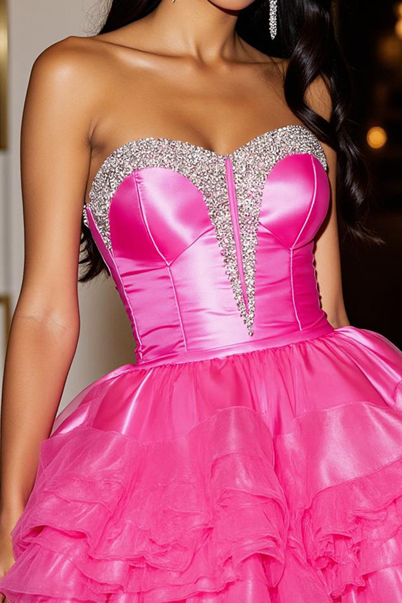Load image into Gallery viewer, Sparkly Fuchsia Organza Short Corset Homecoming Dress with Ruffles