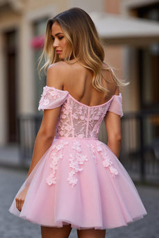 Floral Pink Tulle Off the Shoulder Short Corset Homecoming Dress
