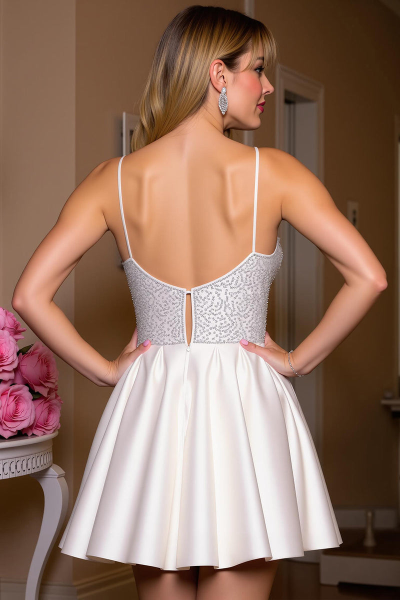 Load image into Gallery viewer, Sparkly White Short A Line Satin Homecoming Dress with Beading