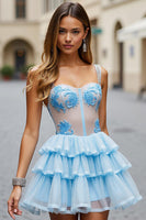 Load image into Gallery viewer, White Blue Flower A Line Short Tulle Homecoming Dress with Ruffles
