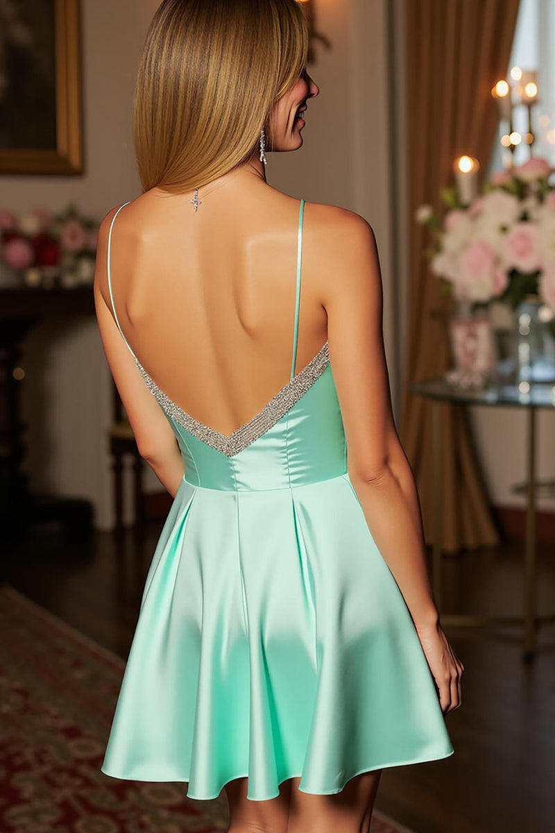 Load image into Gallery viewer, Sparkly Green Spaghetti Straps Short Satin Homecoming Dress wiith Beading