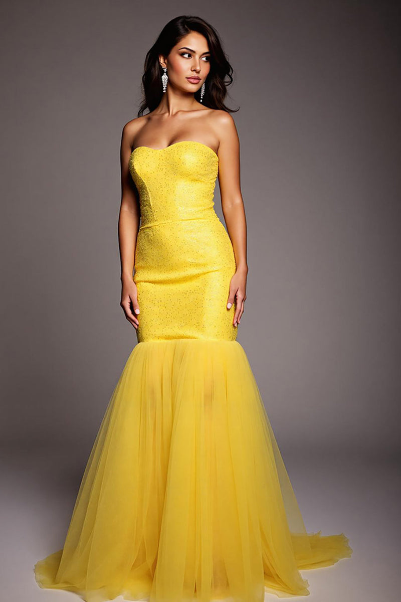 Load image into Gallery viewer, Sparkly Strapless Mermaid Yellow Long Prom Dress with Beading