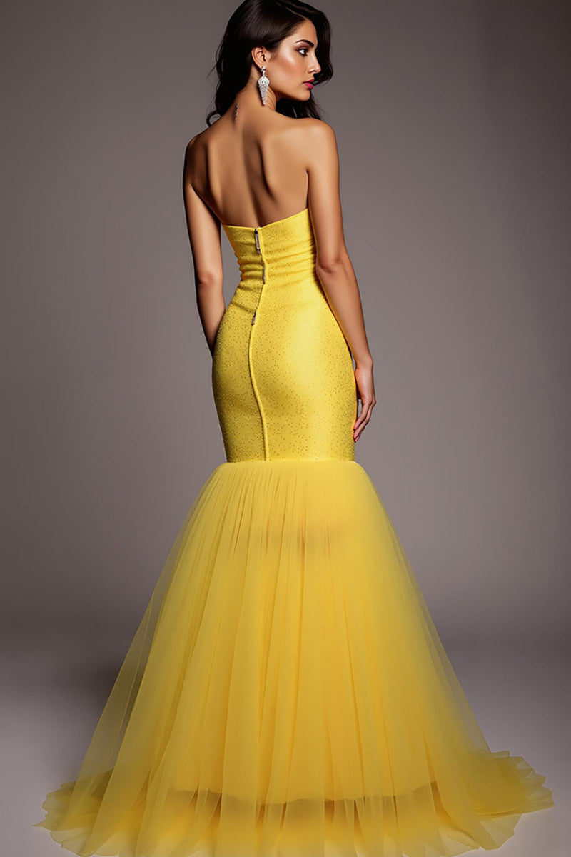 Load image into Gallery viewer, Sparkly Strapless Mermaid Yellow Long Prom Dress with Beading