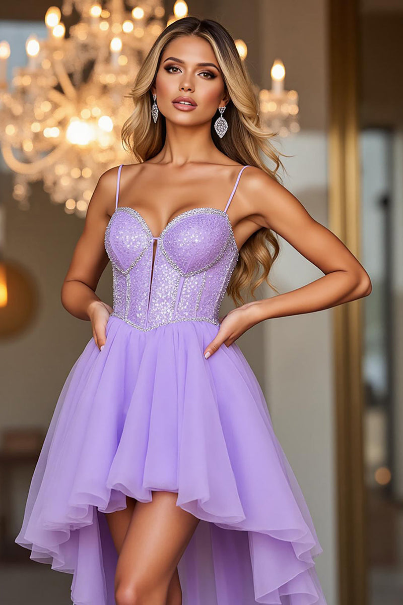 Load image into Gallery viewer, Sparkly Spaghetti Straps Purple Corset High-Low Homecoming Dress