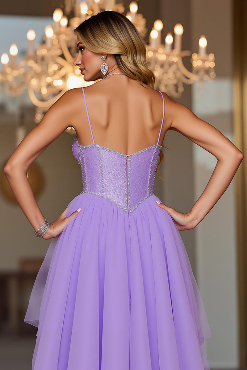 Load image into Gallery viewer, Sparkly Spaghetti Straps Purple Corset High-Low Homecoming Dress
