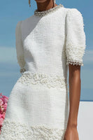 Load image into Gallery viewer, Sparkly Tweed White Tight Short Homecoming Dress with Pearls