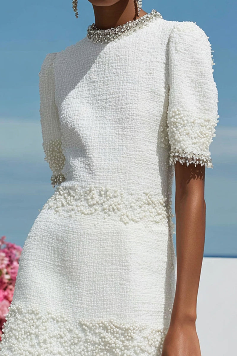 Load image into Gallery viewer, Sparkly Tweed White Tight Short Homecoming Dress with Pearls