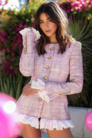 Load image into Gallery viewer, Pink Plaid Tweed Ruffled Tight Short Homecoming Dress with Buttons