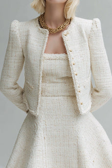 2 Piece White Tweed Homecoming Outfits with Sleeves