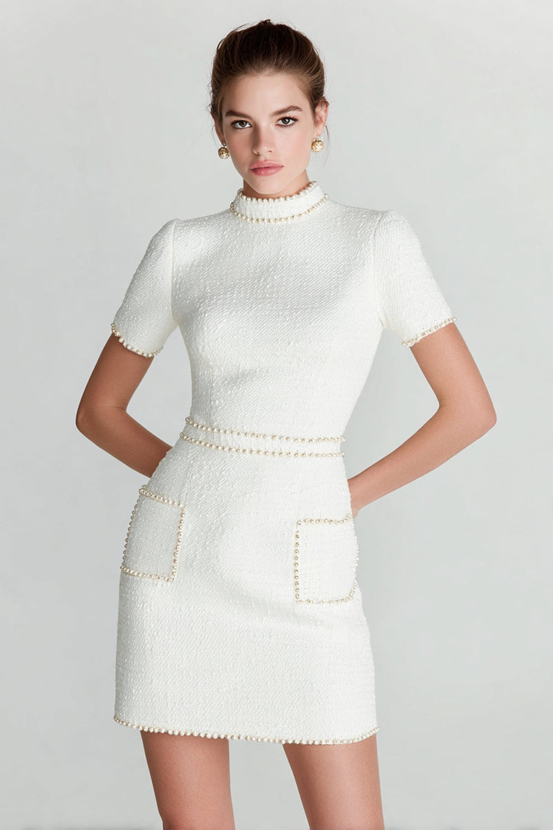Load image into Gallery viewer, White High Neck Tweed Tight Short Homecoming Dress with Pearls