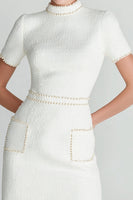 Load image into Gallery viewer, White High Neck Tweed Tight Short Homecoming Dress with Pearls