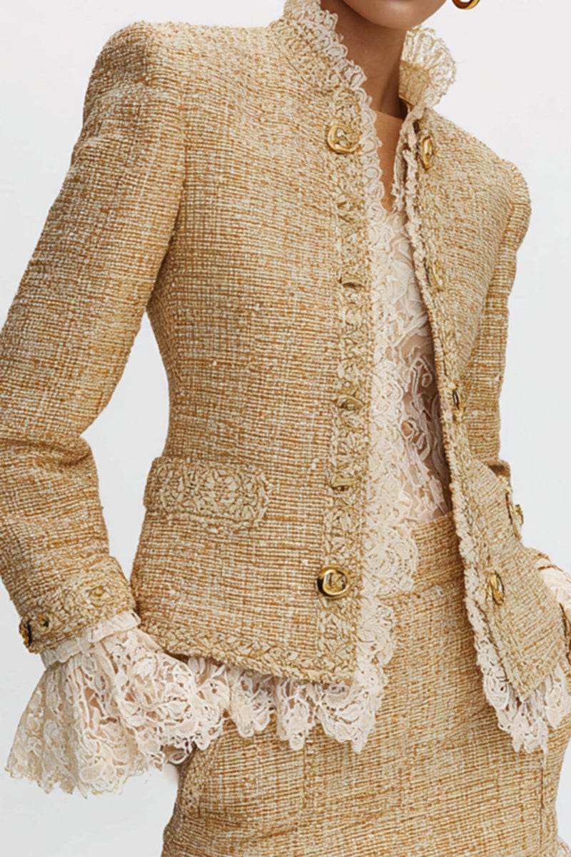 Load image into Gallery viewer, Golden Tight 2 Piece High Neck Tweed Homecoming Outfits with Lace