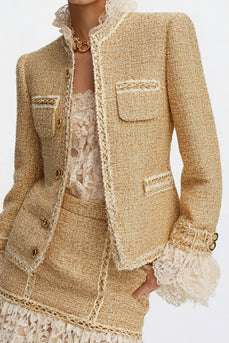 Golden Tweed 2 Piece Ruffled Tight Homecoming Outfits with Lace